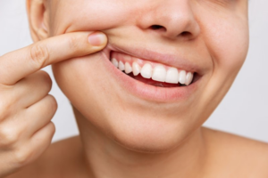 Close up of person pulling back their lip to reveal teeth